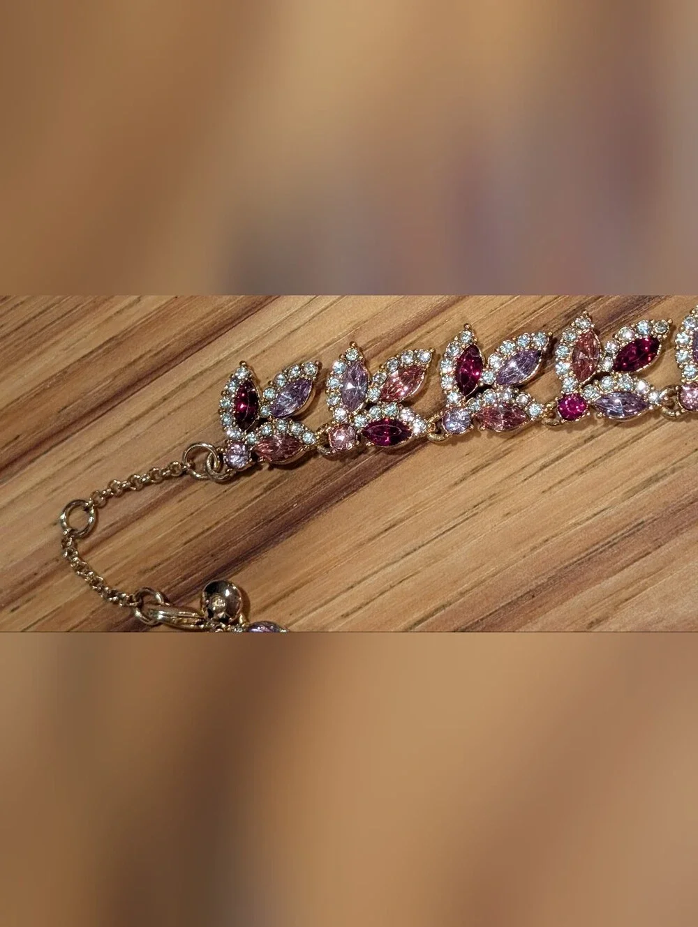 Gold-Tone Light And Deep Pink Crystal Leaf Necklace